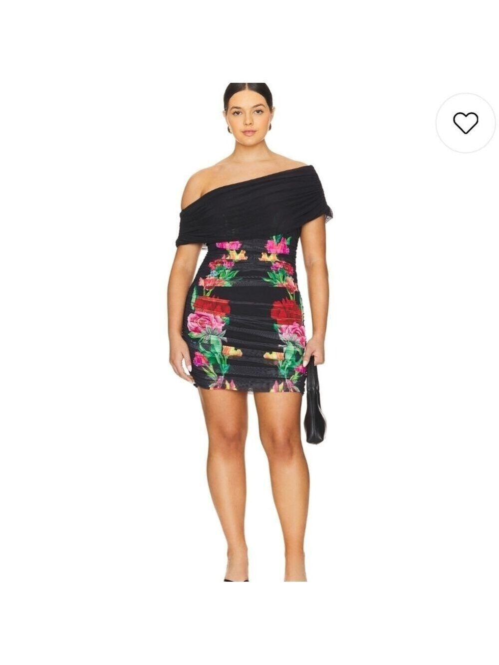 AFRM Lennie Ruched Mesh Floral Bodycon Mini Dress NWT Black Pink Off Shoulder